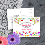Save the Date Floral Mexican Fiesta White Aankondigingskaart<br><div class="desc">Sla het Date-Briefkaart op dat u kunt aanpassen aan elke gelegenheid. Het bloemontwerp heeft een overvloed aan Mexicaanse Fiesta bloemen op de voorkant met zoete typografie in roze. De sjabloon is opgezet voor u om het briefkaart te personaliseren met uw speciale datum, uw gelegenheid en jouw naam, evenals een aangepaste...</div>