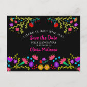 Save the Date Floral Mexican Fiesta Zwart Aankondigingskaart (Voorkant)