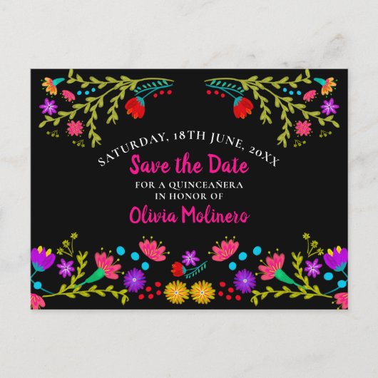 Save the Date Floral Mexican Fiesta Zwart Aankondigingskaart (Voorkant)