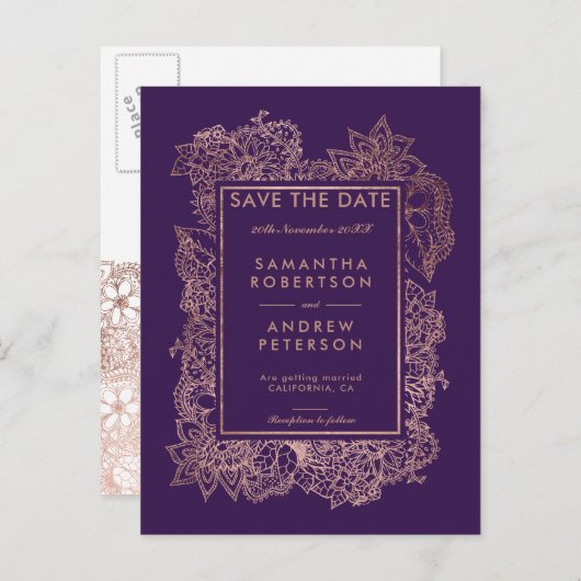 Save the Date floral roos gouden paarse druif Aankondigingskaart (Voorkant / Achterkant)