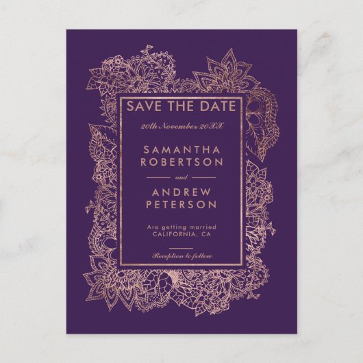Save the Date floral roos gouden paarse druif Aankondigingskaart (Voorkant)