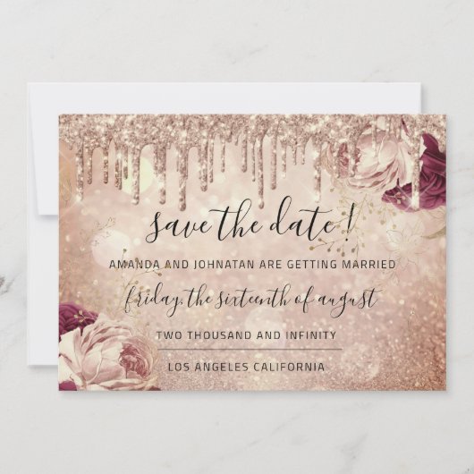 Save The Date  Florals Roos Glitter Drips Marsala (Voorkant)