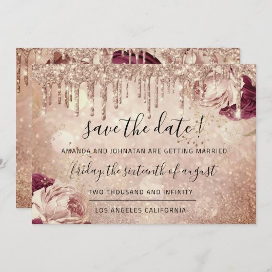 Save The Date  Florals Roos Glitter Drips Marsala (Voorkant / Achterkant)