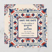Save the Date, folk art floral, rood wit en blauw Kaart (Voorkant / Achterkant)