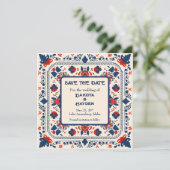 Save the Date, folk art floral, rood wit en blauw Kaart (Staand voorkant)