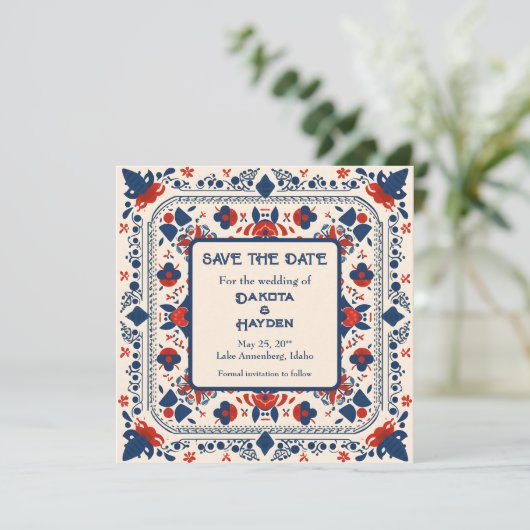 Save the Date, folk art floral, rood wit en blauw Kaart (Staand voorkant)