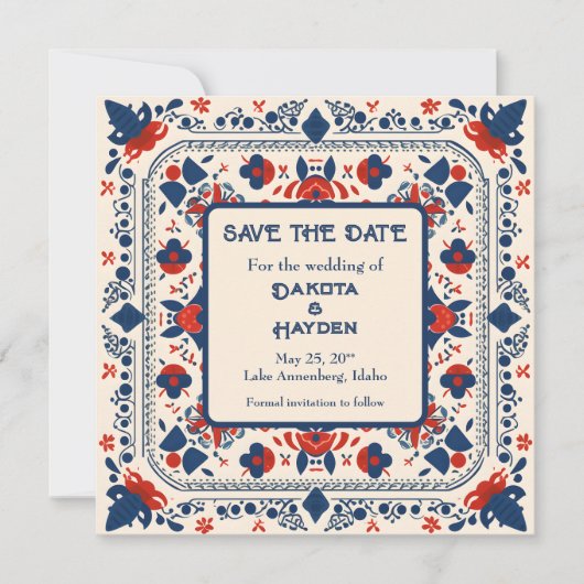 Save the Date, folk art floral, rood wit en blauw Kaart (Voorkant)