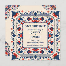 Save the Date, folk art floral, rood wit en blauw