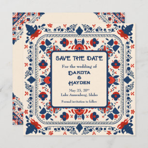 Save the Date, folk art floral, rood wit en blauw Kaart