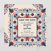 Save the Date, folk art floral, rood wit en blauw Kaart (Voorkant / Achterkant)