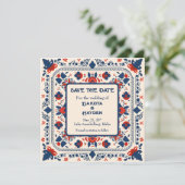 Save the Date, folk art floral, rood wit en blauw Kaart (Staand voorkant)
