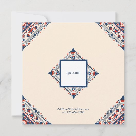 Save the Date, folk art floral, rood wit en blauw Kaart (Achterkant)