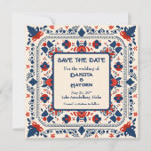 Save the Date, folk art floral, rood wit en blauw Kaart (Voorkant)