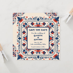 Save the Date, folk art floral, rood wit en blauw Kaart