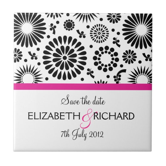 Save the Date Folk Black White Flower Boho Wedding Tegeltje (Voorkant)
