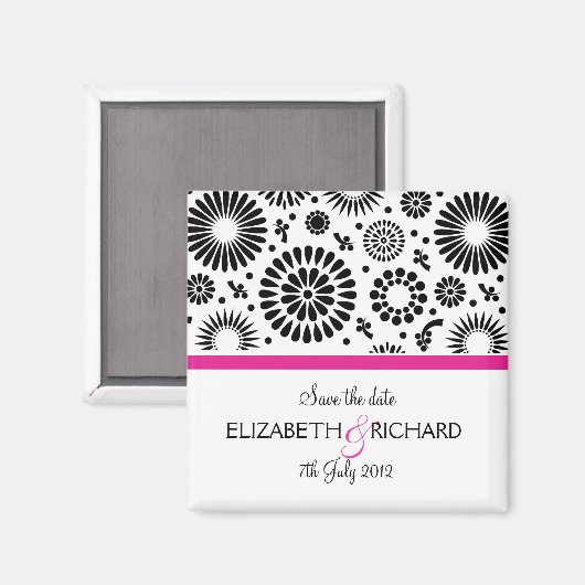 Save the Date Folk Zwart Wit Bloem Boho Bruiloft Magneet (Voorkant / Achterkant)