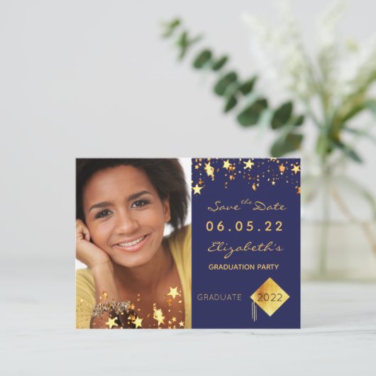 Save the Date foto afstudeerfeest blauw 2025 Briefkaart (Staand voorkant)