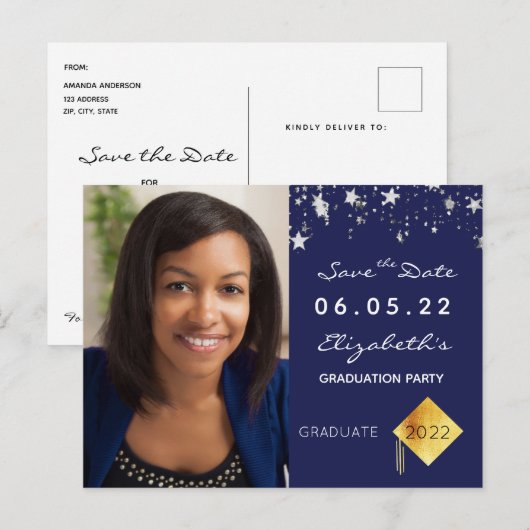 Save the Date foto afstudeerfeest blauw Briefkaart (Voorkant / Achterkant)