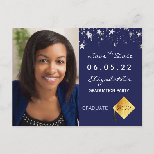 Save the Date foto afstudeerfeest blauw Briefkaart (Voorkant)