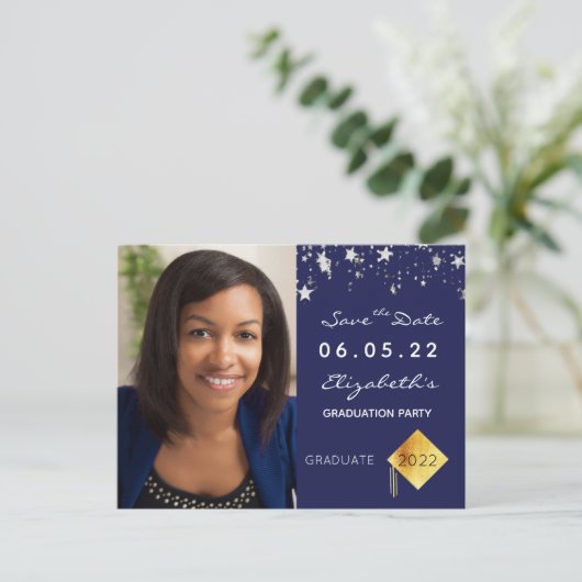 Save the Date foto afstudeerfeest blauw Briefkaart (Staand voorkant)