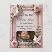 Save The Date, Foto - Duif & Roze Rozen Aankondigingskaart (Voorkant)