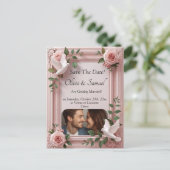 Save The Date, Foto - Duif & Roze Rozen Aankondigingskaart (Staand voorkant)