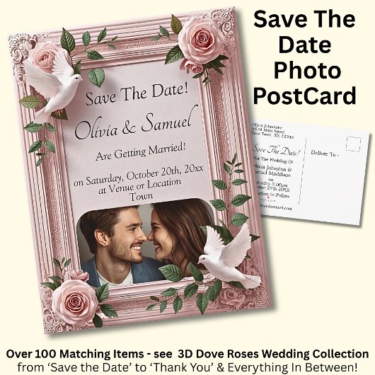 Save The Date, Foto - Duif & Roze Rozen Aankondigingskaart