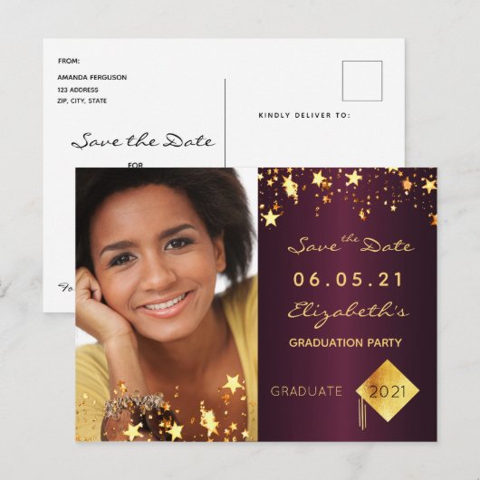 Save the Date foto eindexamenfeest burgundy Briefkaart (Voorkant / Achterkant)