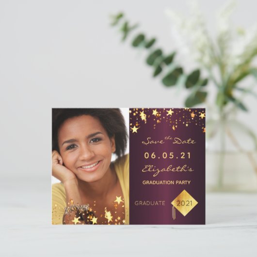 Save the Date foto eindexamenfeest burgundy Briefkaart (Staand voorkant)