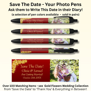 Save The Date - Foto + Gouden Bloemen Maroon Rood Zwarte Inkt Pen