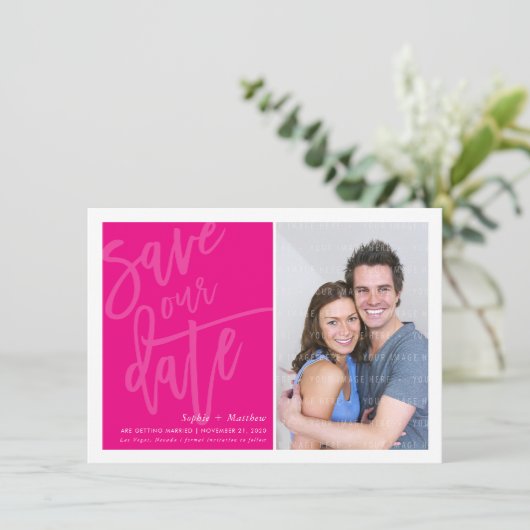 SAVE THE DATE foto hand lettered script heet roze Kaart (Staand voorkant)