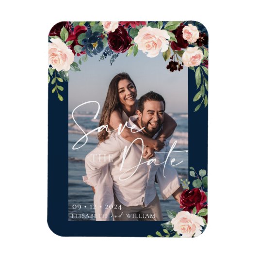 Save the Date Foto Navy Bourgondië en Blush Magneet (Verticaal)