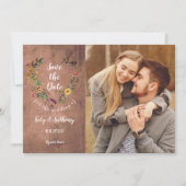 Save the Date Foto Rustiek Hout Bloemen Hart Kaart (Voorkant)
