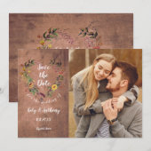 Save the Date Foto Rustiek Hout Bloemen Hart Kaart (Voorkant / Achterkant)