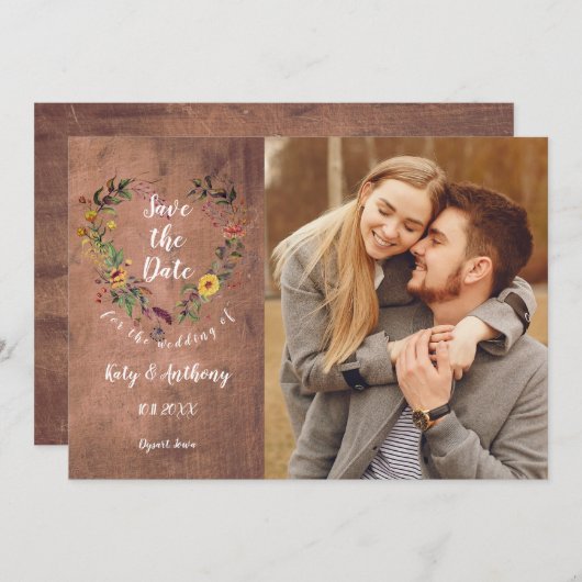 Save the Date Foto Rustiek Hout Bloemen Hart Kaart (Voorkant / Achterkant)
