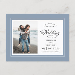Save The Date Foto Stof Blauw Elegante Trouwdag Aankondigingskaart