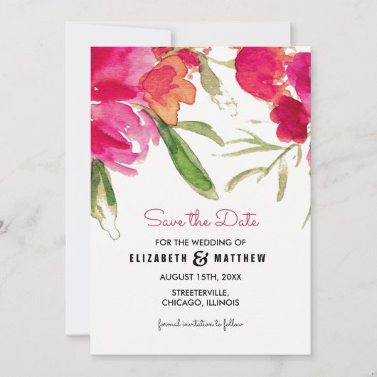 Save the date. Fuchsia Floral Wedding Photo Card Kaart (Voorkant)