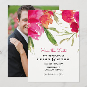 Save the date. Fuchsia Floral Wedding Photo Card Kaart