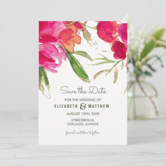Save the date. Fuchsia Green Floral Kaart (Staand voorkant)