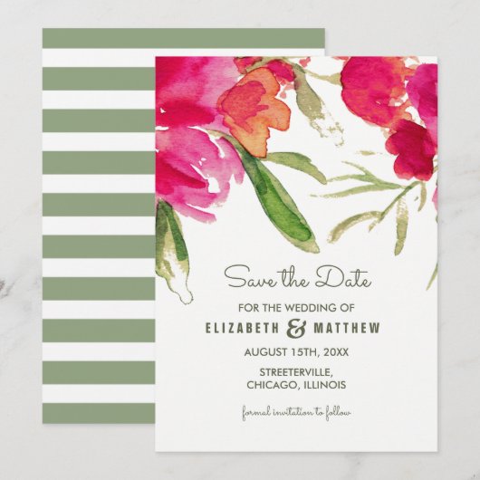 Save the date. Fuchsia Green Floral Kaart (Voorkant / Achterkant)