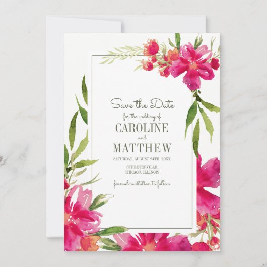 Save the date. Fuchsia Green Floral Wedding Kaart (Voorkant)