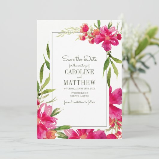 Save the date. Fuchsia Green Floral Wedding Kaart (Staand voorkant)