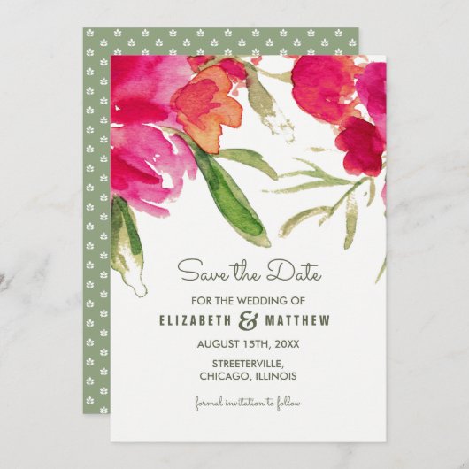 Save the date. Fuchsia Green Floral Wedding Kaart (Voorkant / Achterkant)