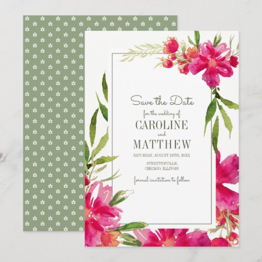 Save the date. Fuchsia Green Floral Wedding Kaart (Voorkant / Achterkant)
