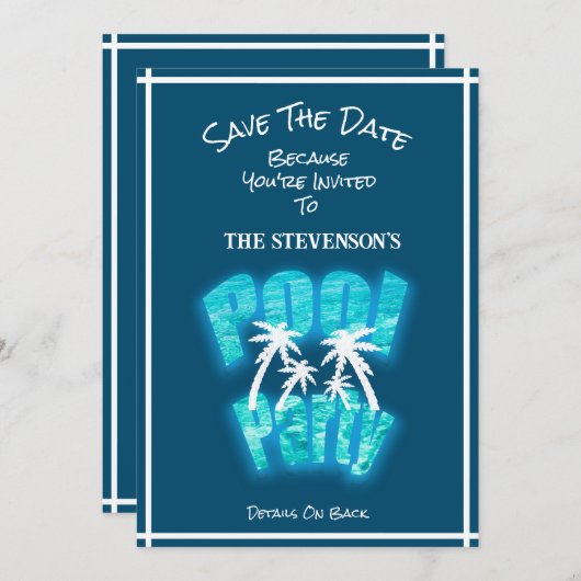 Save the Date Fun Pool Party Verjaardag Blauw (Voorkant / Achterkant)