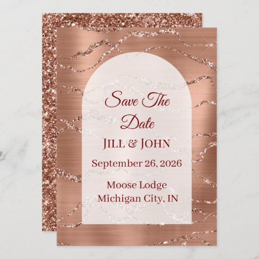 Save The Date Gebogen Trouwkaart Roze Goud (Voorkant / Achterkant)