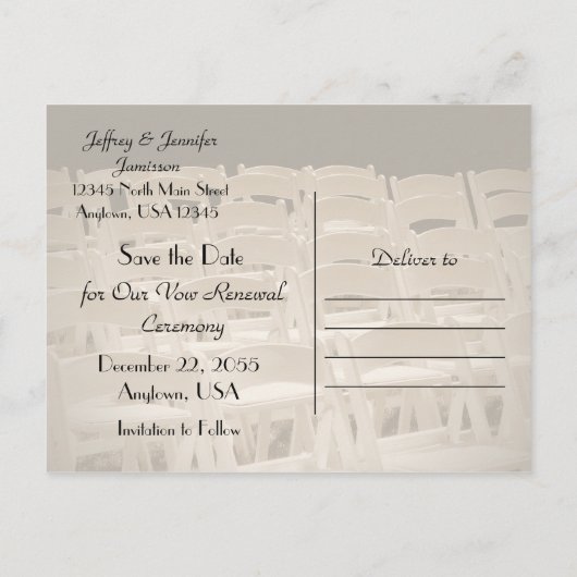 Save the Date Gelofte Vernieuwing Ceremony Stoelen Aankondigingskaart (Achterkant)