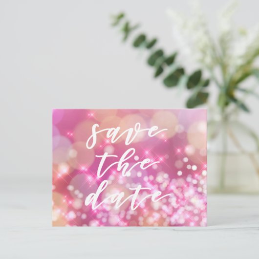 Save the date | Glamoureus roze Sparkles Briefkaar Aankondigingskaart (Staand voorkant)