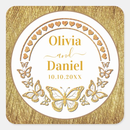 Save the Date, Gold Butterflies and Hearts Vierkante Sticker (Voorkant)