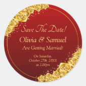 Save The Date - Gold Flowers Maroon Red  Ronde Sticker (Voorkant)